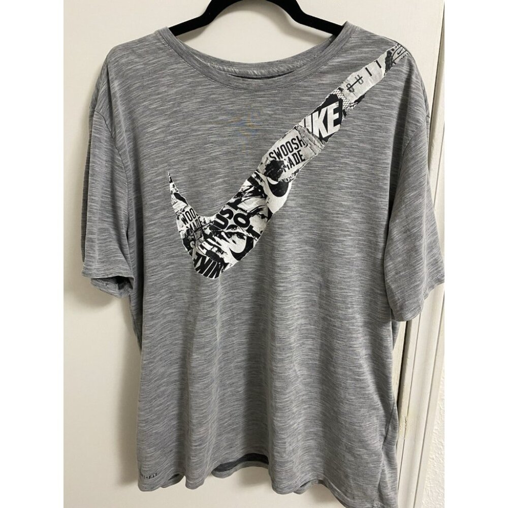 Vintage Nike Dri-FIT Graphic Tee XXL Gray Athletic Cut Swoosh Logo Short Sleeve